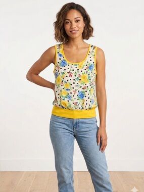 Vibrant Yellow and Blue Floral Sleeveless Tank Top